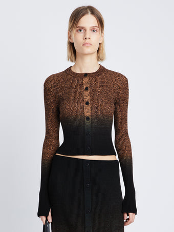 Front cropped image of model wearing Gradient Marl Cardigan in BROWN MELANGE / BLACK