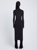 Back full length image of model wearing Pointelle Diamonds Turtleneck Dresses in BLACK