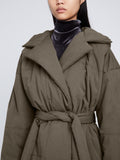 Detail image of model wearing Technical Suiting Wrap Coat in WOOD