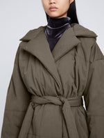 Detail image of model wearing Technical Suiting Wrap Coat in WOOD