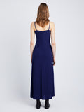 Back full length image of model wearing Matte Crepe Spaghetti Dress in BLUEBERRY