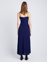 Back full length image of model wearing Matte Crepe Spaghetti Dress in BLUEBERRY