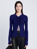 Front cropped image of model wearing Matte Crepe Long Sleeve Top in BLUEBERRY