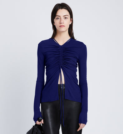 Front cropped image of model wearing Matte Crepe Long Sleeve Top in BLUEBERRY