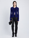 Front full length image of model wearing Matte Crepe Long Sleeve Top in BLUEBERRY