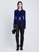 Front full length image of model wearing Matte Crepe Long Sleeve Top in BLUEBERRY