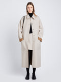 Front full length image of model wearing Reversible Double Face Coat in CAMEL / OFF WHITE on OFF WHITE side