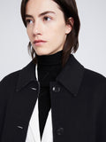 Detail image of model wearing Reversible Double Face Coat in BLACK / STEEL GREY on BLACK side
