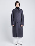 Front full length image of model wearing Reversible Double Face Coat in BLACK / STEEL GREY on STEEL GREY side