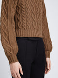 Detail image of model wearing Chunky Cable Bell Sleeve Sweater in DARK CAMEL