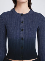 Detail image of model wearing Gradient Marl Cardigan in STEEL GREY / BLACK