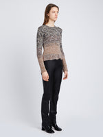 Side full length image of model wearing Multi Marl Knit Sweater in DARK CAMEL MELANGE