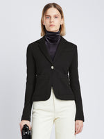 Front cropped image of model wearing Jersey Suiting Blazer in BLACK