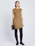 Front full length image of model wearing Melton Double Face Dress in CAMEL / OFF WHITE