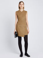 Front full length image of model wearing Melton Double Face Dress in CAMEL / OFF WHITE