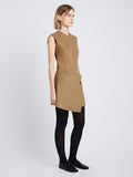 Side full length image of model wearing Melton Double Face Dress in CAMEL / OFF WHITE