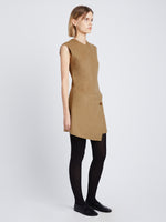 Side full length image of model wearing Melton Double Face Dress in CAMEL / OFF WHITE