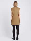 Back full length image of model wearing Melton Double Face Dress in CAMEL / OFF WHITE