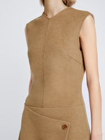 Detail image of model wearing Melton Double Face Dress in CAMEL / OFF WHITE