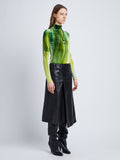 Side full length image of model wearing Ice Dyed Velvet Top in JADE