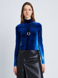 Front cropped image of model wearing Ice Dyed Velvet Top in COBALT