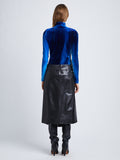 Back full length image of model wearing Ice Dyed Velvet Top in COBALT