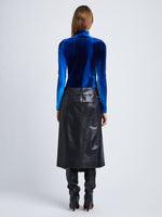 Back full length image of model wearing Ice Dyed Velvet Top in COBALT