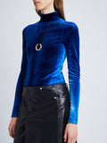 Detail image of model wearing Ice Dyed Velvet Top in COBALT