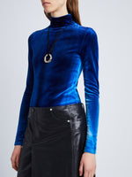 Detail image of model wearing Ice Dyed Velvet Top in COBALT