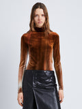 Front cropped image of model wearing Ice Dyed Velvet Top in UMBER