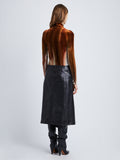 Back full length image of model wearing Ice Dyed Velvet Top in UMBER