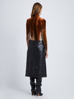 Back full length image of model wearing Ice Dyed Velvet Top in UMBER