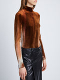 Detail image of model wearing Ice Dyed Velvet Top in UMBER