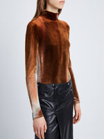 Detail image of model wearing Ice Dyed Velvet Top in UMBER