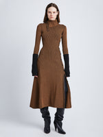 Front full length image of model wearing Fine Rib Knit Dress in KHAKI MULTI