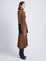 Side full length image of model wearing Fine Rib Knit Dress in KHAKI MULTI