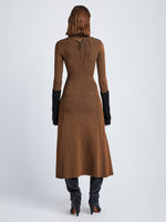 Back full length image of model wearing Fine Rib Knit Dress in KHAKI MULTI