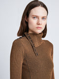 Detail image of model wearing Fine Rib Knit Dress in KHAKI MULTI