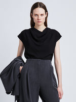 Front cropped image of model wearing Matte Viscose Crepe Shell Top in BLACK