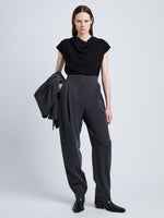 Front full length image of model wearing Matte Viscose Crepe Shell Top in BLACK