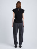 Back full length image of model wearing Matte Viscose Crepe Shell Top in BLACK