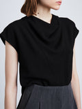 Detail image of model wearing Matte Viscose Crepe Shell Top in BLACK