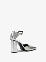 Back 3/4 view of Quad Ankle Strap Pumps in silver