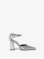 Side view of Quad Ankle Strap Pumps in silver