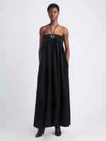 Front image of model in Matte Viscose Crepe Strapless Dress in black