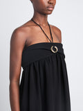 Detail image of model in Matte Viscose Crepe Strapless Dress in black