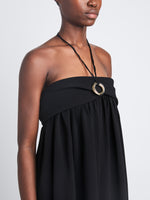 Detail image of model in Matte Viscose Crepe Strapless Dress in black