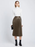 Front image of model wearing Faux Leather Pleated Skirt in wood