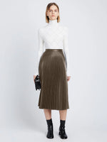 Front image of model wearing Faux Leather Pleated Skirt in wood