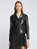 Front cropped image of model wearing Glossy Leather Jacket in BLACK